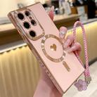For Samsung Galaxy S23 Ultra 5G Pupil Side Heart MagSafe Electroplating Phone Case with Lanyard(Pink) - 1