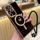 For Samsung Galaxy S22 Ultra 5G Pupil Side Heart MagSafe Electroplating Phone Case with Lanyard(Black) - 1