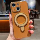 For iPhone 15 Solid Color Electroplated Metal Holder Phone Case(Brown) - 1