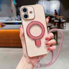 For iPhone 16 Plus Solid Color Electroplated Metal Holder Phone Case with Lanyard(Rose Pink) - 1