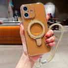 For iPhone 16 Solid Color Electroplated Metal Holder Phone Case with Lanyard(Brown) - 1