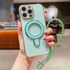For iPhone 15 Pro Solid Color Electroplated Metal Holder Phone Case with Lanyard(Light Green) - 1