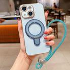 For iPhone 15 Solid Color Electroplated Metal Holder Phone Case with Lanyard(Sierra Blue) - 1
