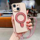 For iPhone 14 Solid Color Electroplated Metal Holder Phone Case with Lanyard(Rose Pink) - 1