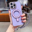 For iPhone 13 Pro Max Solid Color Electroplated Metal Holder Phone Case with Lanyard(Light Purple) - 1