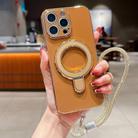 For iPhone 13 Pro Max Solid Color Electroplated Metal Holder Phone Case with Lanyard(Brown) - 1