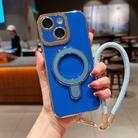 For iPhone 15 Charm Eye Electroplating Metal Holder Phone Case with Lanyard(Blue) - 1