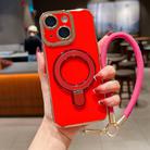 For iPhone 13 Charm Eye Electroplating Metal Holder Phone Case with Lanyard(Red) - 1