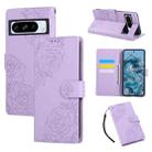 For Google Pixel 8 Pro Rose Flower Embossed 3-Card Slots Leather Phone Case(Purple) - 1