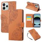 For Redmi Note 14 5G Global Rose Flower Embossed 3-Card Slots Leather Phone Case(Brown) - 1