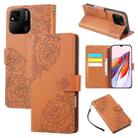 For Redmi 10A 4G Rose Flower Embossed 3-Card Slots Leather Phone Case(Brown) - 1