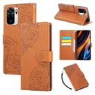 For Redmi Note 10 4G / 10S Global Rose Flower Embossed 3-Card Slots Leather Phone Case(Brown) - 1