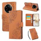 For Realme 14 Pro+ 5G Global Rose Flower Embossed 3-Card Slots Leather Phone Case(Brown) - 1