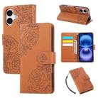For iPhone 16 Rose Flower Embossed 3-Card Slots Leather Phone Case(Brown) - 1