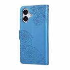For iPhone 16 Plus Rose Flower Embossed 3-Card Slots Leather Phone Case(Blue) - 3