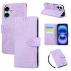 For iPhone 16 Plus Rose Flower Embossed 3-Card Slots Leather Phone Case(Purple) - 1