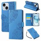 For iPhone 15 Rose Flower Embossed 3-Card Slots Leather Phone Case(Blue) - 1