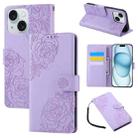 For iPhone 15 Rose Flower Embossed 3-Card Slots Leather Phone Case(Purple) - 1
