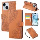 For iPhone 15 Plus / 14 Plus Rose Flower Embossed 3-Card Slots Leather Phone Case(Brown) - 1