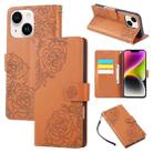 For iPhone 14 / 13 Rose Flower Embossed 3-Card Slots Leather Phone Case(Brown) - 1