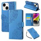 For iPhone 14 / 13 Rose Flower Embossed 3-Card Slots Leather Phone Case(Blue) - 1
