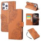 For iPhone 15 Pro Max Rose Flower Embossed 3-Card Slots Leather Phone Case(Brown) - 1