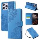 For iPhone 15 Pro Max Rose Flower Embossed 3-Card Slots Leather Phone Case(Blue) - 1
