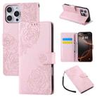 For iPhone 15 Pro Max Rose Flower Embossed 3-Card Slots Leather Phone Case(Pink) - 1