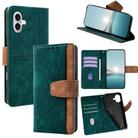 For iPhone 16 Color Stitching Skin Feel Leather RFID Blocking Phone Case(Green) - 1