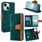 For iPhone 15 Plus Color Stitching Skin Feel Leather RFID Blocking Phone Case(Green) - 1