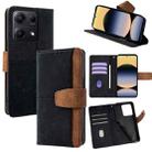 For Redmi Note 14S 4G Color Stitching Skin Feel Leather RFID Blocking Phone Case(Black) - 1
