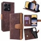 For Redmi Note 14S 4G Color Stitching Skin Feel Leather RFID Blocking Phone Case(Brown) - 1