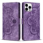 For iPhone 15 Pro Max Mandala Embossed Retro Frosted Leather Phone Case(Purple) - 1