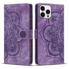 For iPhone 13 Pro Max Mandala Embossed Retro Frosted Leather Phone Case(Purple) - 1