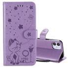 For iPhone 12 mini Cat Bee Embossing Pattern Shockproof Horizontal Flip Leather Case with Holder & Card Slots & Wallet(Purple) - 1