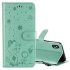 For iPhone X / XS Cat Bee Embossing Pattern Shockproof Horizontal Flip Leather Case with Holder & Card Slots & Wallet(Green) - 1