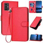 For TCL 305 / 306 / 30E / 30 SE YX0070 Carbon Fiber Buckle Leather Phone Case with Lanyard(Red) - 1