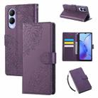 For vivo Y17s Rose Flower Embossed 3-Card Slots Leather Phone Case(Deep Purple) - 1