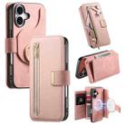 For iPhone 16 Ring Zipper Wallet RFID Blocking MagSafe Leather Phone Case(Pink) - 1