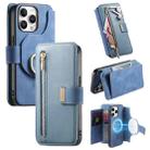 For iPhone 15 Pro Max Ring Zipper Wallet RFID Blocking MagSafe Leather Phone Case(Blue) - 1