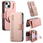 For iPhone 15 Ring Zipper Wallet RFID Blocking MagSafe Leather Phone Case(Pink) - 1