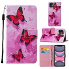 For iPhone 11 Cross Texture Painting Pattern Horizontal Flip Leather Case with Holder & Card Slots & Wallet & Lanyard(Pink Butterfly) - 1