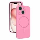 For iPhone 15 Thin Circle MagSafe Fine Hole Liquid Silicone Phone Case(Rose Pink) - 1
