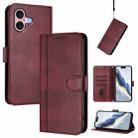 For iPhone 16 Line Splicing Buckle Retro Leather Phone Case(Wine Red) - 1