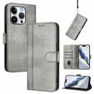 For iPhone 15 Pro Max Line Splicing Buckle Retro Leather Phone Case(Grey) - 1