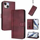 For iPhone 15 Line Splicing Buckle Retro Leather Phone Case(Wine Red) - 1