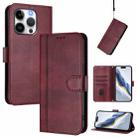 For iPhone 14 Pro Line Splicing Buckle Retro Leather Phone Case(Wine Red) - 1