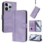 For iPhone 13 Pro Max Line Splicing Buckle Retro Leather Phone Case(Purple) - 1