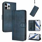 For iPhone 12 Pro Max Line Splicing Buckle Retro Leather Phone Case(Dark Blue) - 1