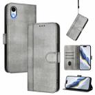 For iPhone XR Line Splicing Buckle Retro Leather Phone Case(Grey) - 1